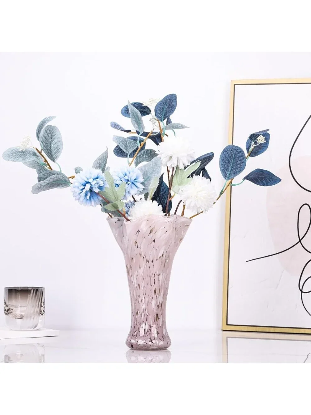 9.0 Pink Glass Vases For Flower Bouquet Unique Hand Blown Wide Mouth Shelf Deco
